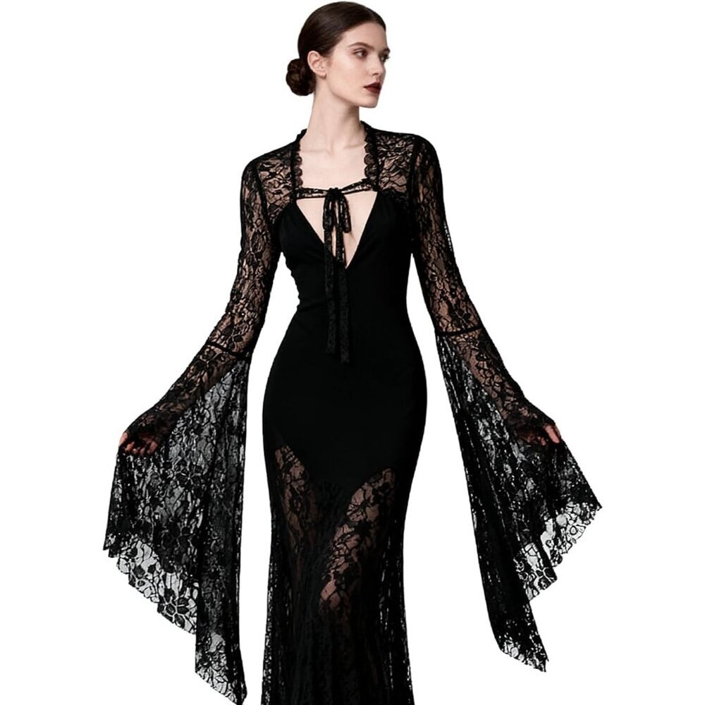 Women's Style-1 Black Lace Bolero Shrug Goth Victorian Lace Sleeves Crop Top